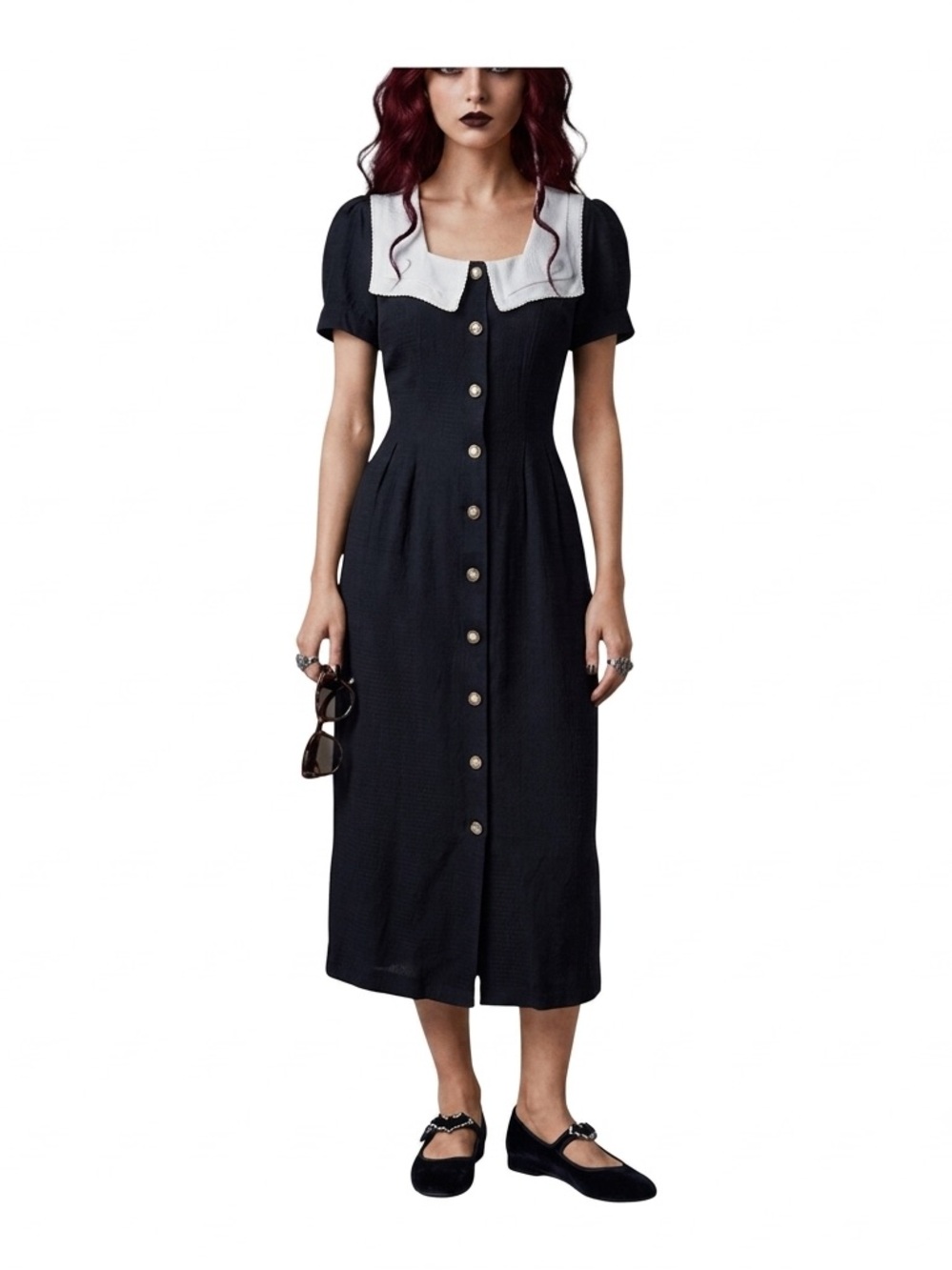 Vintage 80s Wednesday Addams Midi Dress Black Goth Collar Button Dark Academia S